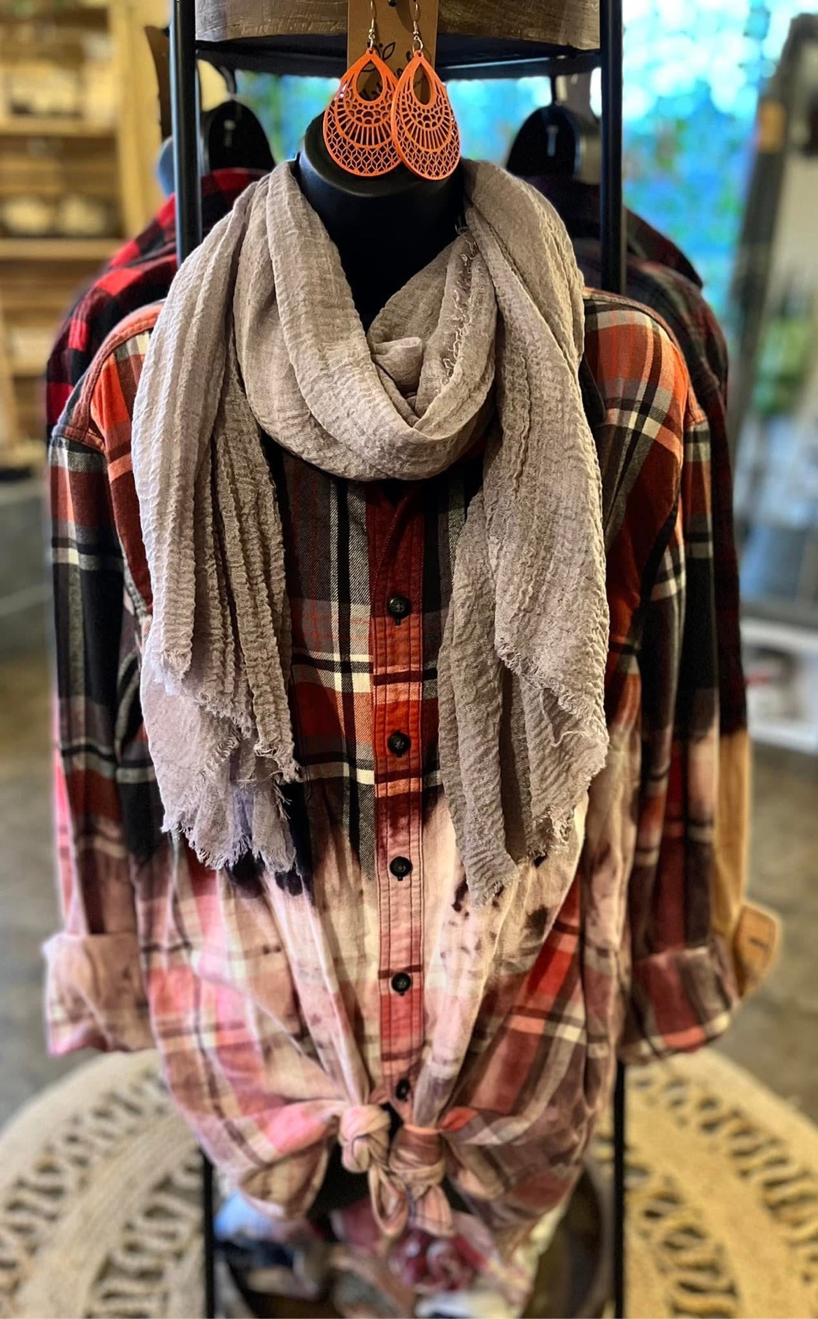 Flannel, scarf and earrings outfit